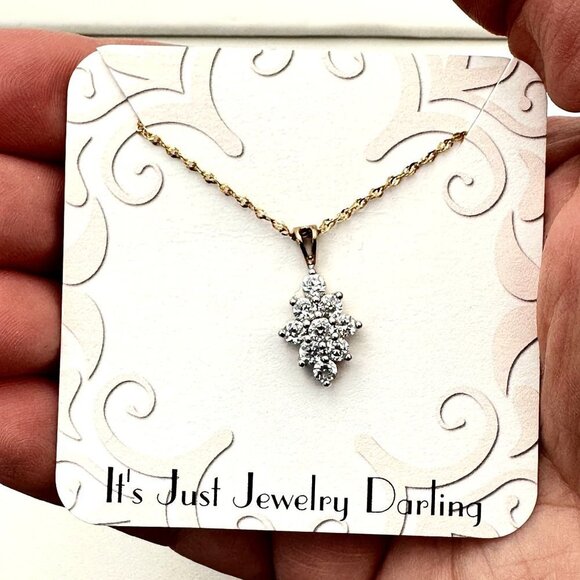 Womens Necklace 10k Yellow Gold Cluster Cubic Zirconia Pendant 20" Chain - Picture 1 of 6